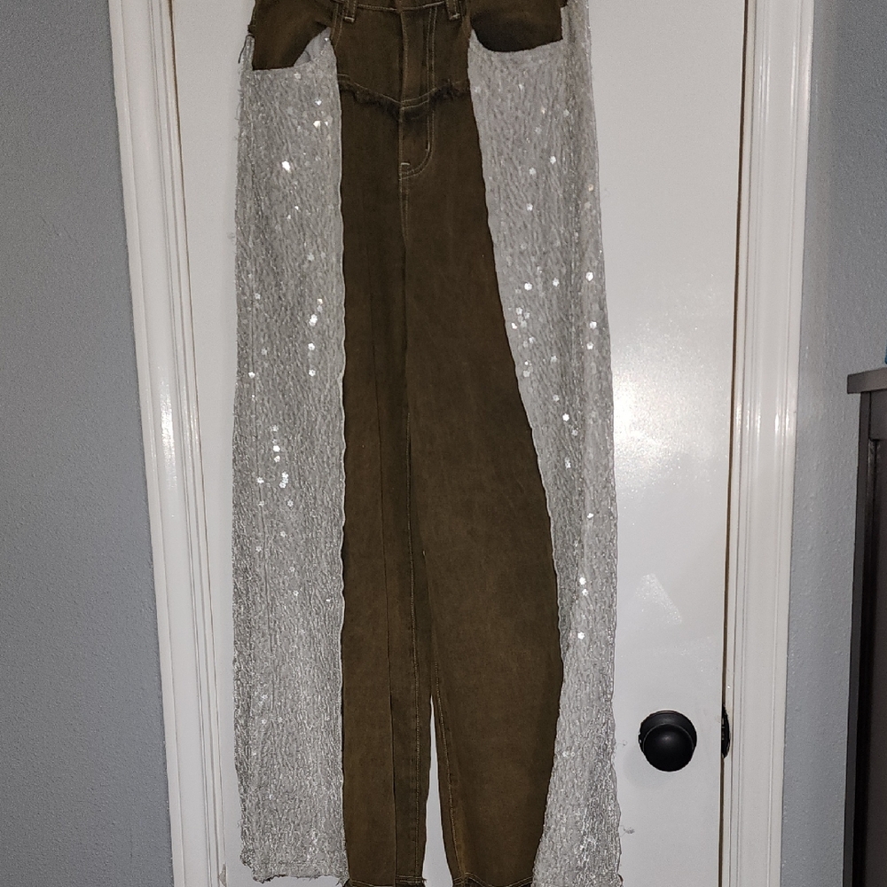POL Olive Flare Jeans with Silver Sequin Panels